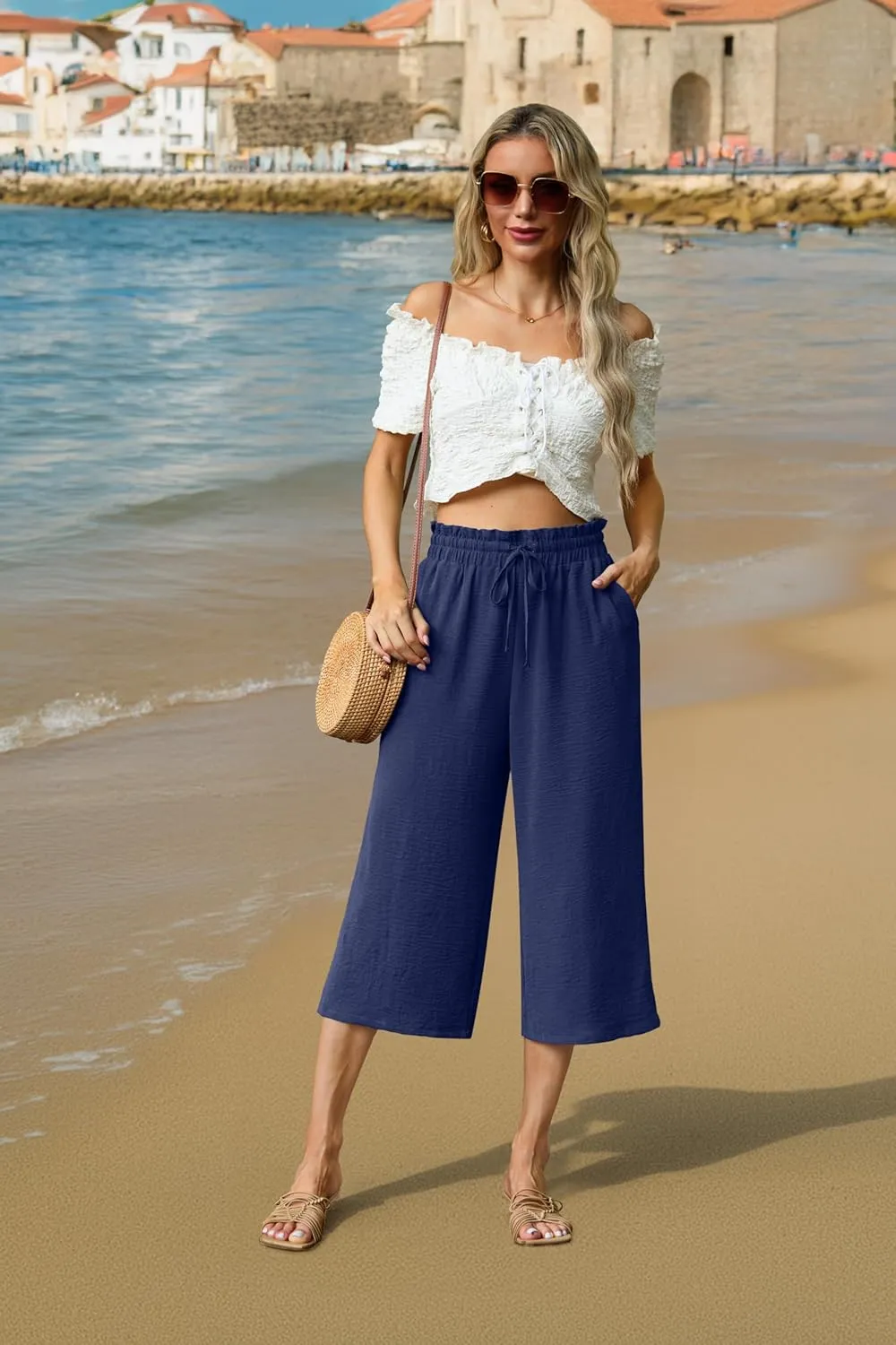 Womens Summer 3/4 Pants Flowy High Waisted Loose Casual Lounge Pant Wide Leg Palazzo Capris Adjustable with Pockets