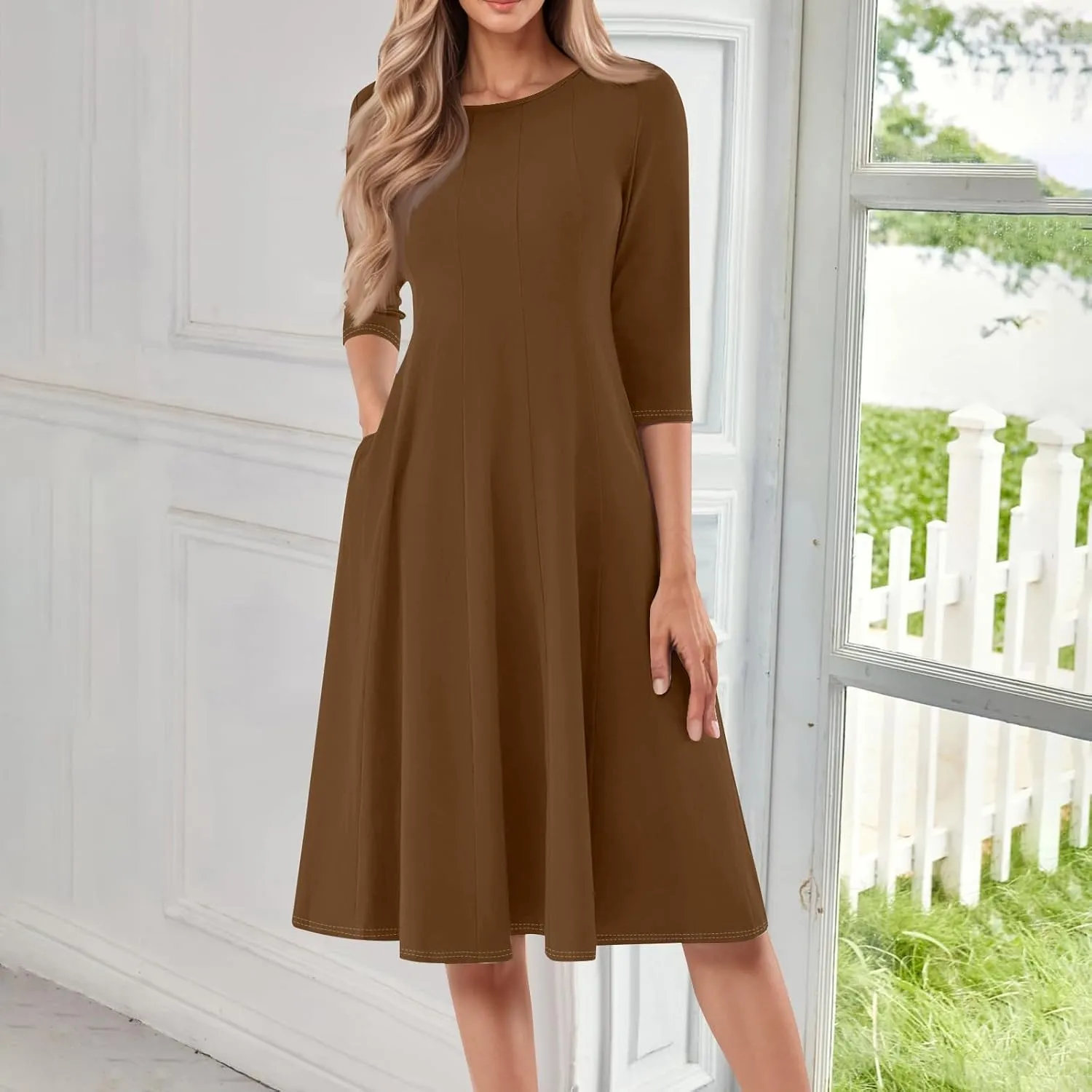 Womens Summer Dresses Crew Neck 3/4 Sleeve Dress Solid Color Wrap Dress Spring Midi Dresses Pleated with Pocket