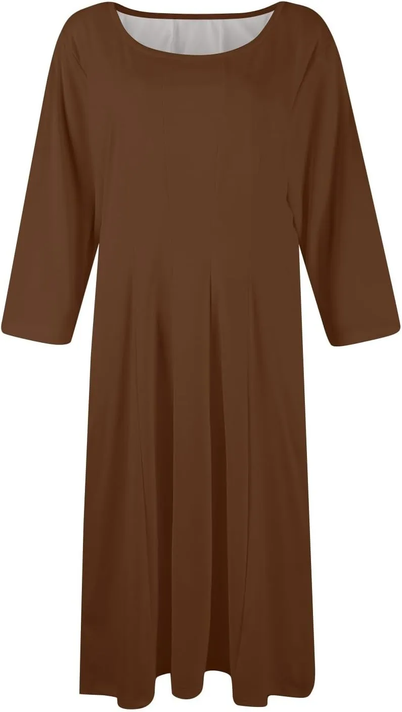 Womens Summer Dresses Crew Neck 3/4 Sleeve Dress Solid Color Wrap Dress Spring Midi Dresses Pleated with Pocket