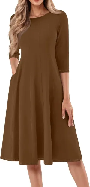 Womens Summer Dresses Crew Neck 3/4 Sleeve Dress Solid Color Wrap Dress Spring Midi Dresses Pleated with Pocket