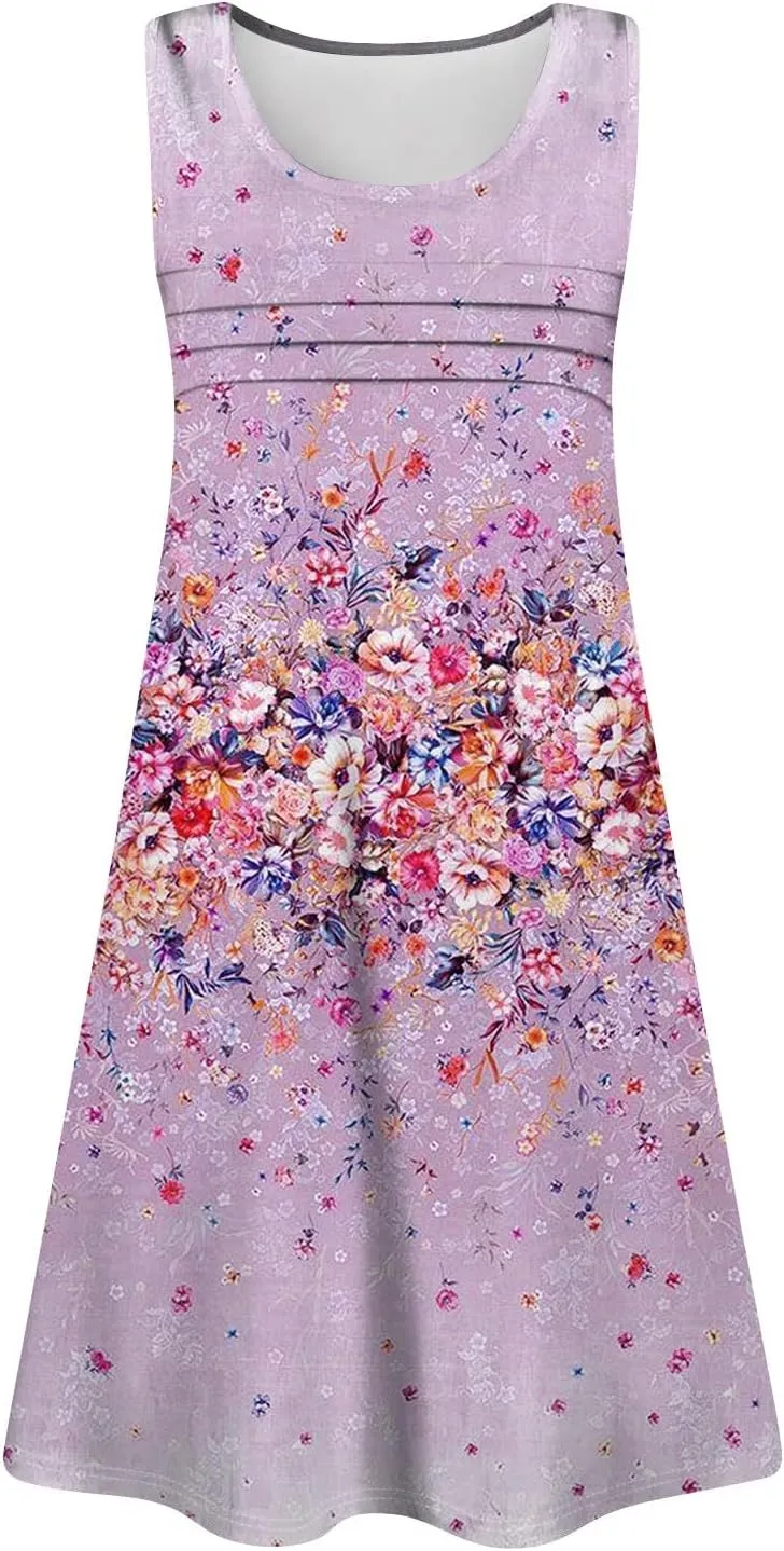 Womens Summer Dresses Pleated Crewneck A Line Sleeveless Mini Dress Floral Print Tank Sundress Boho Beach Cover Ups