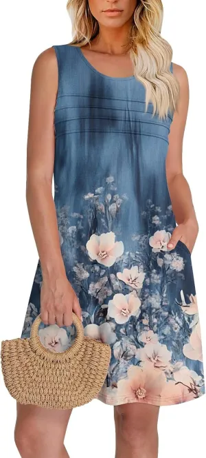 Womens Summer Dresses Pleated Crewneck A Line Sleeveless Mini Dress Floral Print Tank Sundress Boho Beach Cover Ups