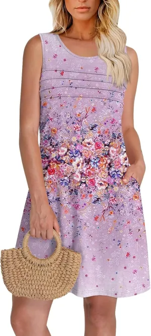 Womens Summer Dresses Pleated Crewneck A Line Sleeveless Mini Dress Floral Print Tank Sundress Boho Beach Cover Ups