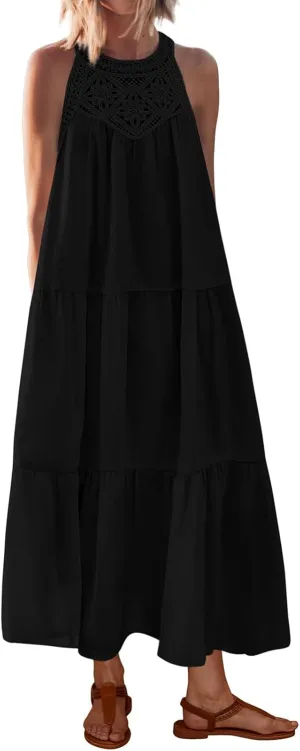 Womens Summer Halter Dresses Casual Sleeveless Hollow Out Tiered Swing Coverup Beach Vacation Sundress