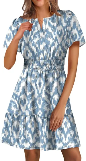Women's Summer Mini Dress V Neck Short Sleeve Floral A Line High Waist Boho Cute Vacation Beach Dresses 2025
