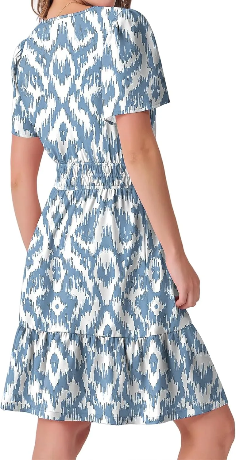Women's Summer Mini Dress V Neck Short Sleeve Floral A Line High Waist Boho Cute Vacation Beach Dresses 2025