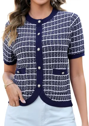 Women's Summer Short Sleeve Cardigans Cropped Tweed Blazers Button Up Knitted Sweater Jacket for Dress with Pockets