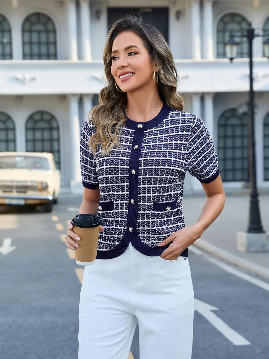 Women's Summer Short Sleeve Cardigans Cropped Tweed Blazers Button Up Knitted Sweater Jacket for Dress with Pockets