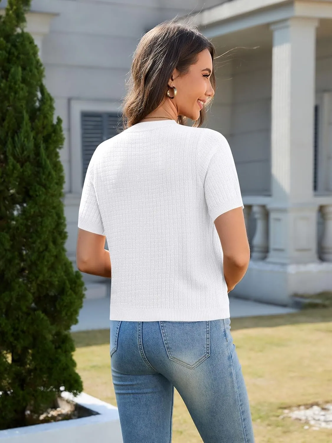 Women's Summer Short Sleeve Cardigans Cropped Tweed Blazers Button Up Knitted Sweater Jacket for Dress with Pockets