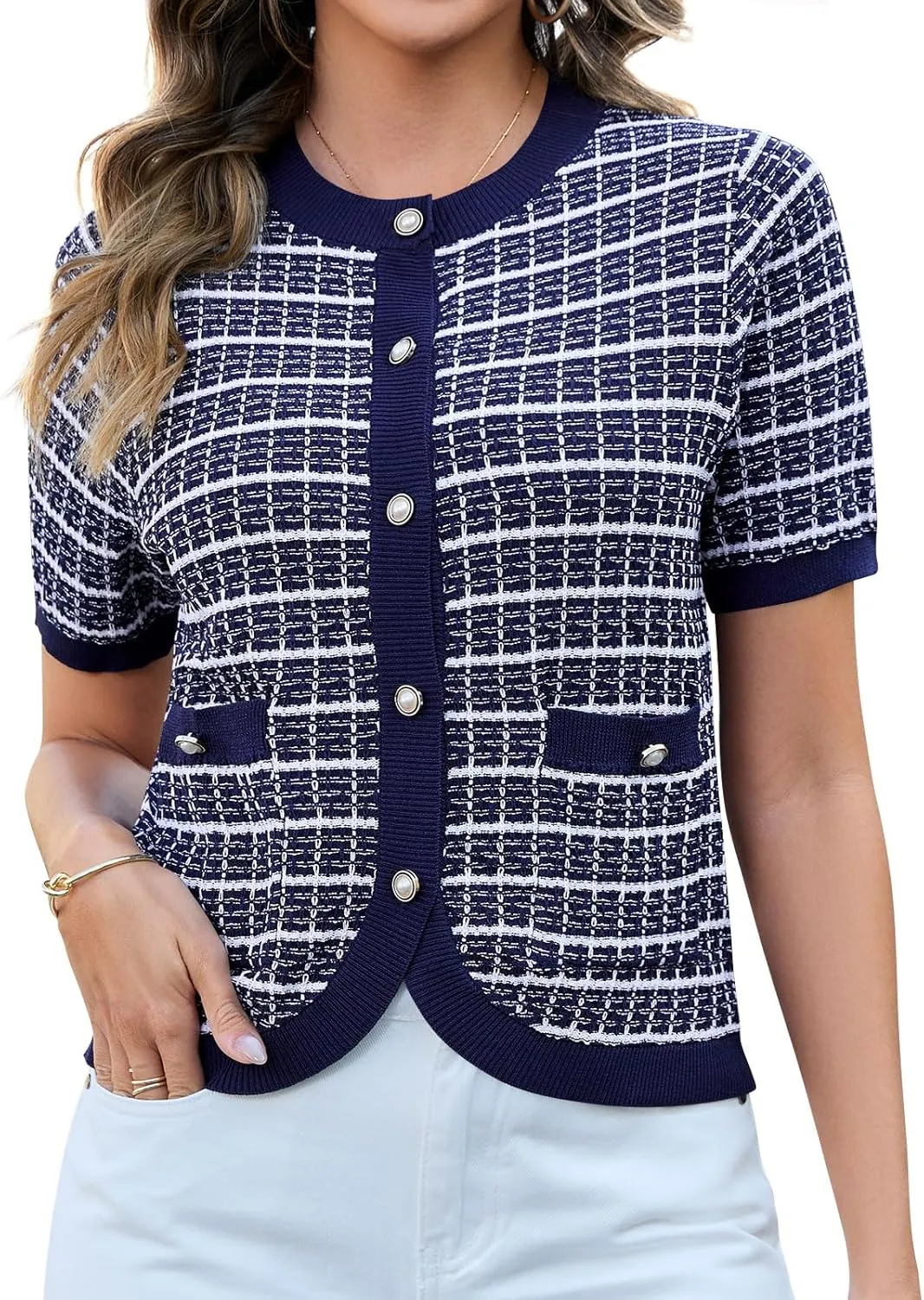 Women's Summer Short Sleeve Cardigans Cropped Tweed Blazers Button Up Knitted Sweater Jacket for Dress with Pockets