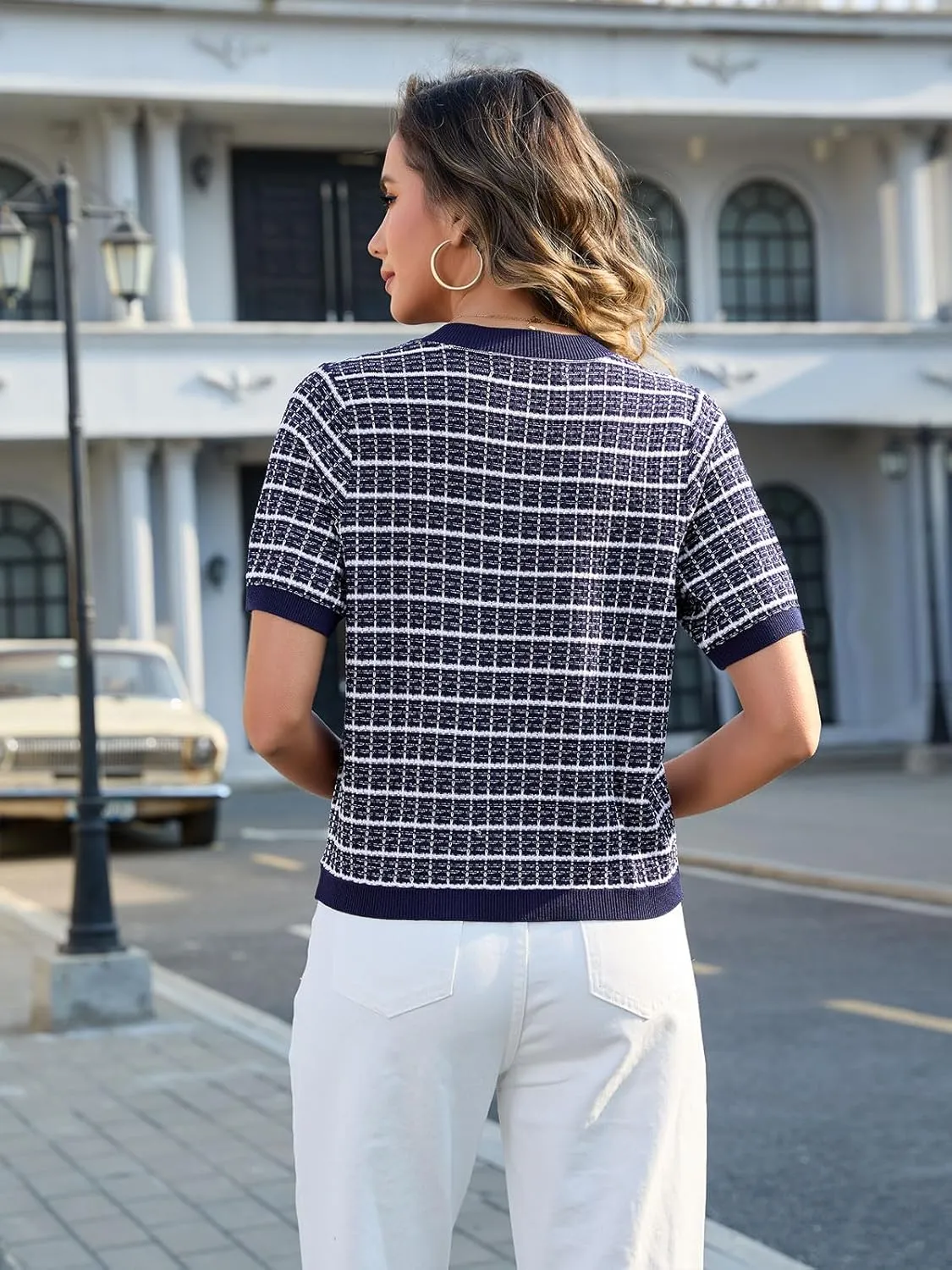 Women's Summer Short Sleeve Cardigans Cropped Tweed Blazers Button Up Knitted Sweater Jacket for Dress with Pockets