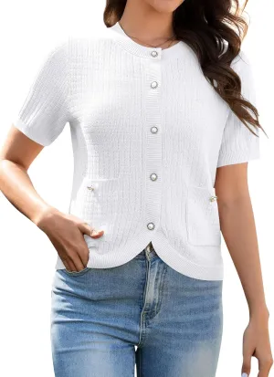 Women's Summer Short Sleeve Cardigans Cropped Tweed Blazers Button Up Knitted Sweater Jacket for Dress with Pockets