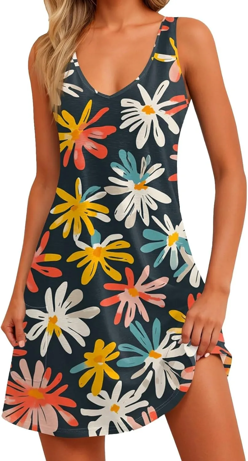 Womens Summer Sleeveless Dresses V Neck 2025 Loose Sundresses Beach Swimsuit Coverup with Pockets