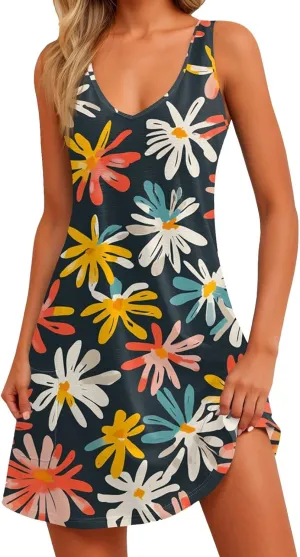 Womens Summer Sleeveless Dresses V Neck 2025 Loose Sundresses Beach Swimsuit Coverup with Pockets
