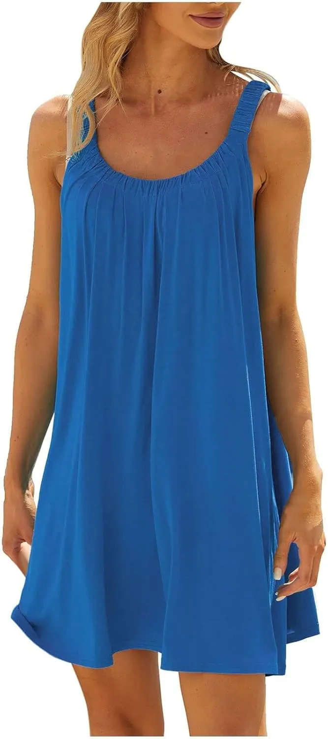 Womens Summer Sundresses 2025 Trendy Casual Loose Crew Neck Sleeveless Boho Beach Swimsuit Coverup Resort Wear