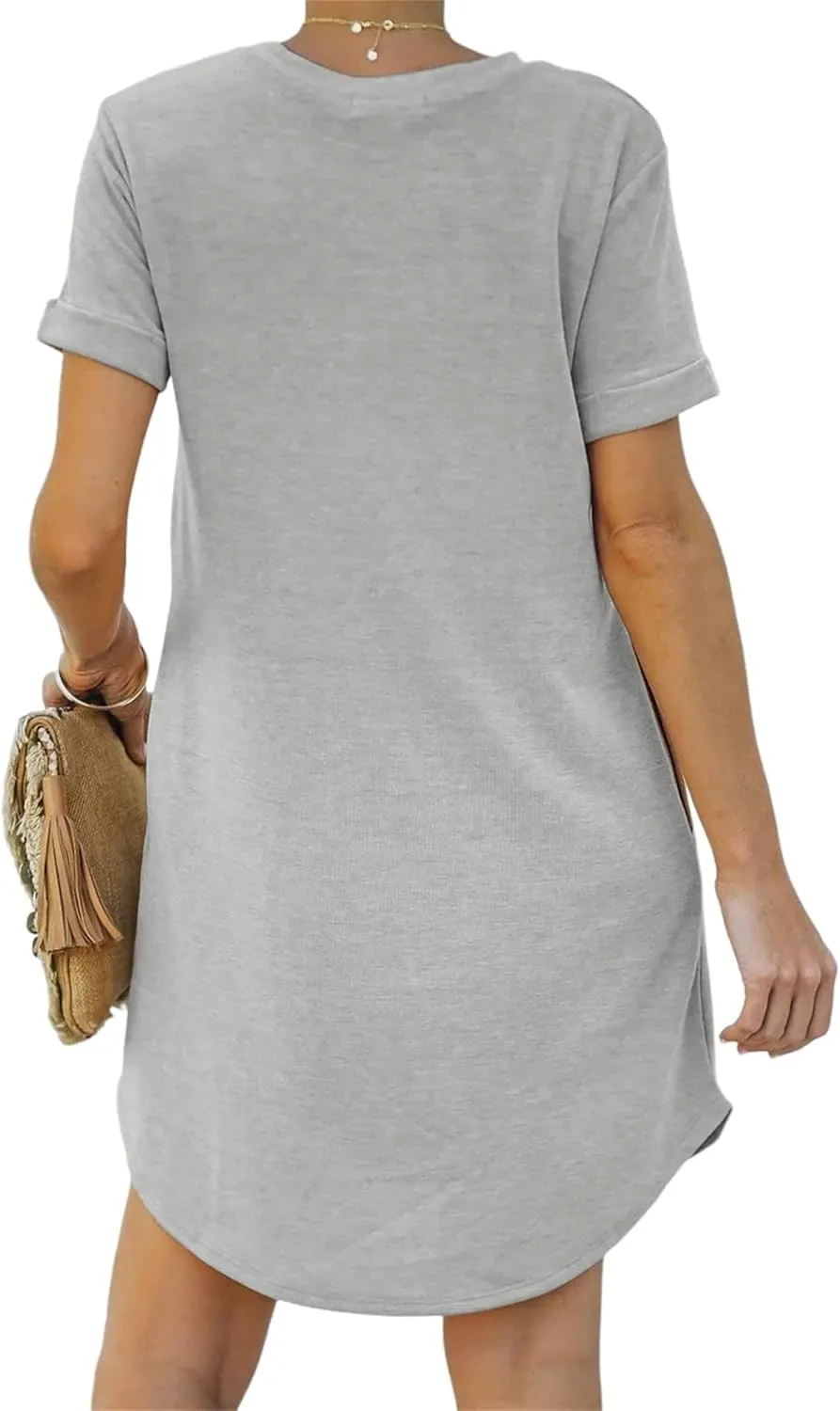 Womens Tshirt Dress Roll Up Sleeve Crew Neck Solid Mini Dresses Summer Trendy Casual Sports Dress with Pockets