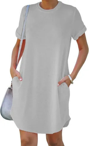 Womens Tshirt Dress Roll Up Sleeve Crew Neck Solid Mini Dresses Summer Trendy Casual Sports Dress with Pockets