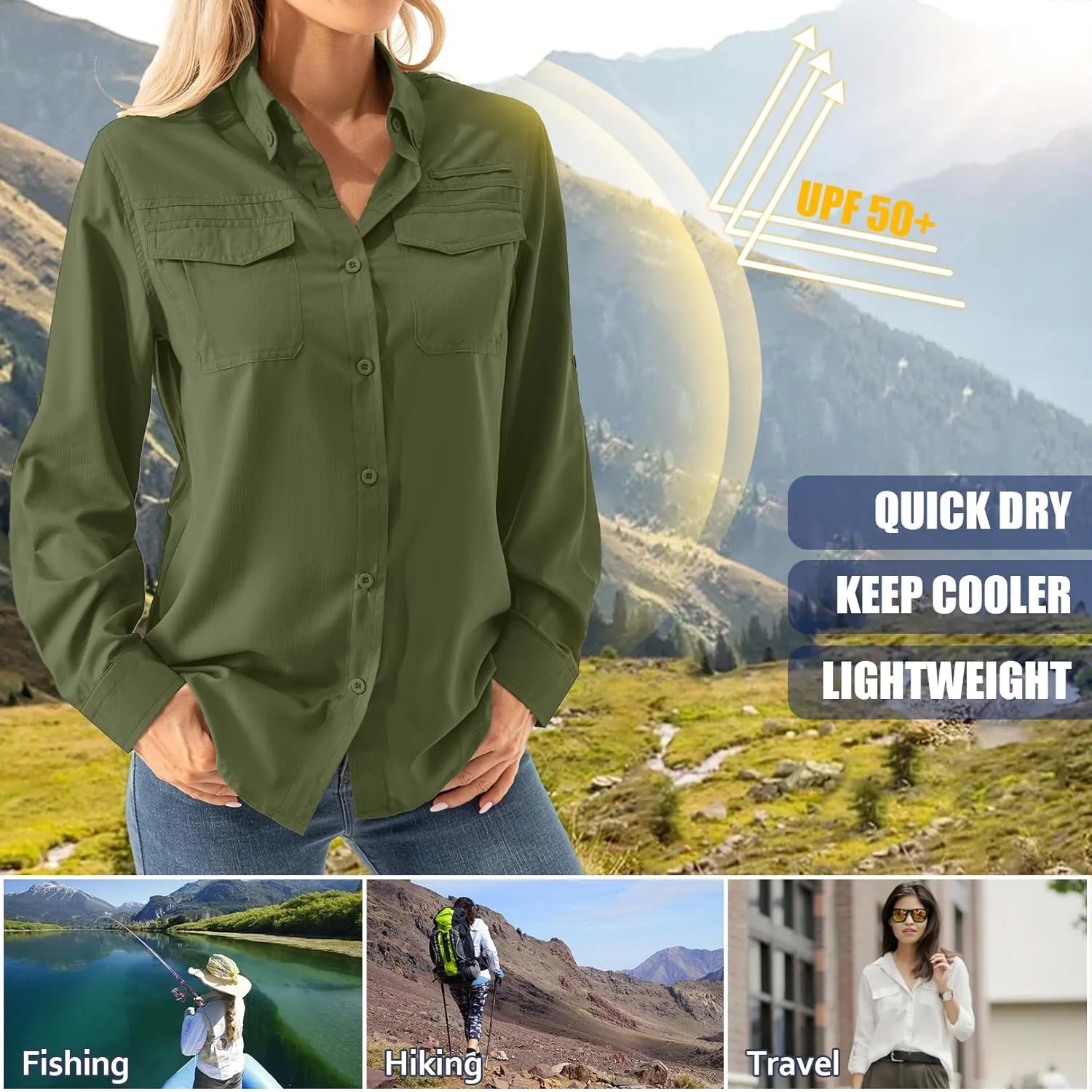 Women's UPF 50  Long Sleeve UV Shirts Sun Protection Outdoor Cool Quick Dry Fishing Hiking Safari Travel Gardening Shirts