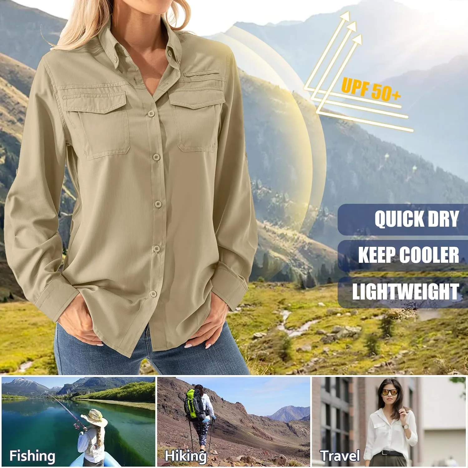 Women's UPF 50  Long Sleeve UV Shirts Sun Protection Outdoor Cool Quick Dry Fishing Hiking Safari Travel Gardening Shirts