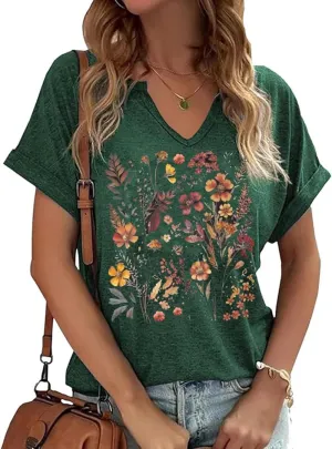 Womens Vintage Flowers V Neck Printed Shirt Funny Boho Flower Graphic Tee Casual Wildflower Botanical Short Sleeve