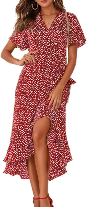 Women's Wrap V Neck Tie Front Midi Dress Ditsy Floral Ruffle Short Sleeve High Low Irregular Hem Casual Swing Aline Dress