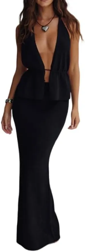 Womens Y2k Two Piece Summer Maxi Dress Outfits Set Backless Sleeveless Cami Crop Top and Long Skirt Slim Outfit