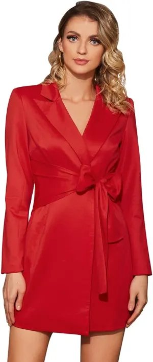 Wrap Detail Blazer Dress for Women Long Sleeve Lapel Collar Tie Front Elegant Wrap Dress for Casual Office Business