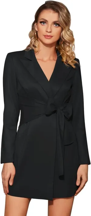 Wrap Detail Blazer Dress for Women Long Sleeve Lapel Collar Tie Front Elegant Wrap Dress for Casual Office Business