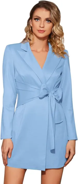 Wrap Detail Blazer Dress for Women Long Sleeve Lapel Collar Tie Front Elegant Wrap Dress for Casual Office Business