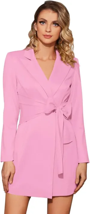 Wrap Detail Blazer Dress for Women Long Sleeve Lapel Collar Tie Front Elegant Wrap Dress for Casual Office Business