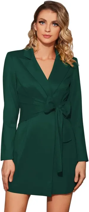 Wrap Detail Blazer Dress for Women Long Sleeve Lapel Collar Tie Front Elegant Wrap Dress for Casual Office Business