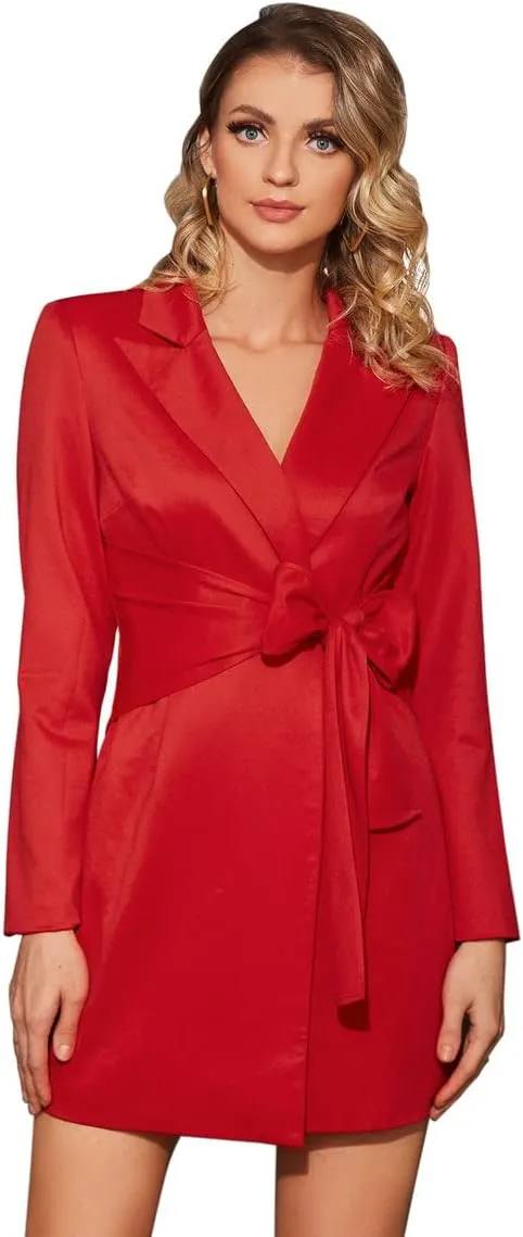 Wrap Detail Blazer Dress for Women Long Sleeve Lapel Collar Tie Front Elegant Wrap Dress for Casual Office Business