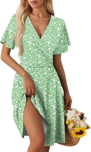 Wrap Dress for Women 2025 Summer Sundress Fashion Short Sleeve Wrap Floral Classy Deep V Neck A-Line Midi Dress