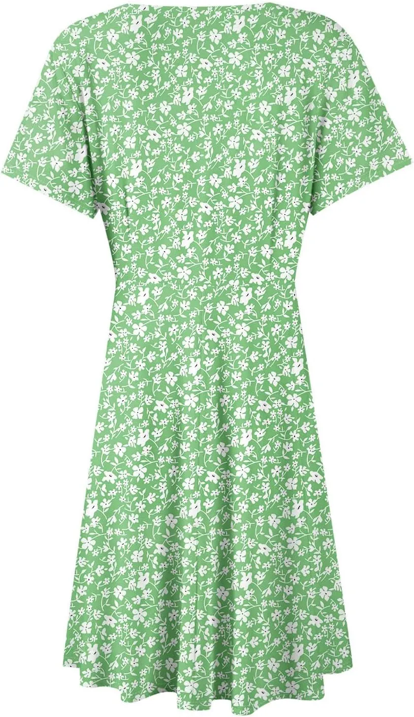 Wrap Dress for Women 2025 Summer Sundress Fashion Short Sleeve Wrap Floral Classy Deep V Neck A-Line Midi Dress