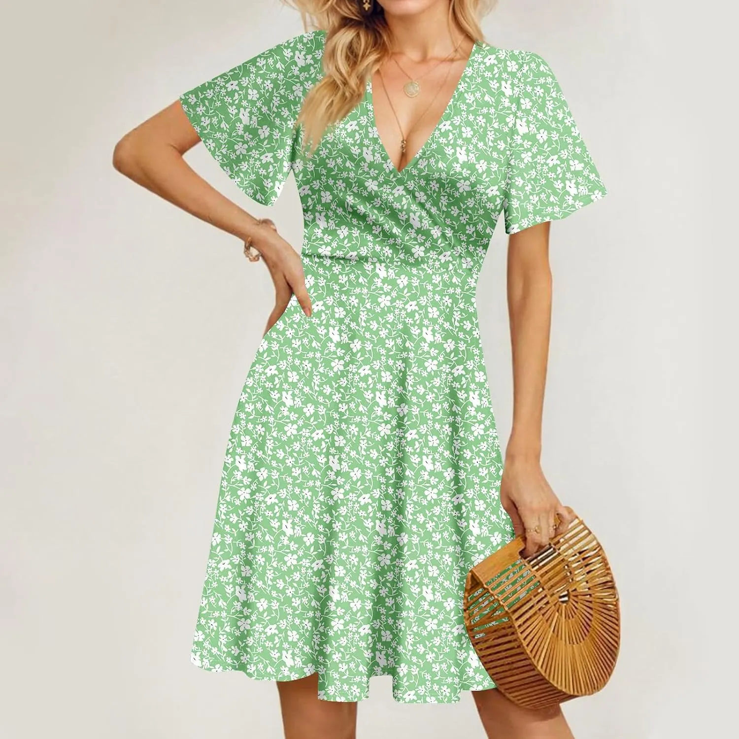 Wrap Dress for Women 2025 Summer Sundress Fashion Short Sleeve Wrap Floral Classy Deep V Neck A-Line Midi Dress