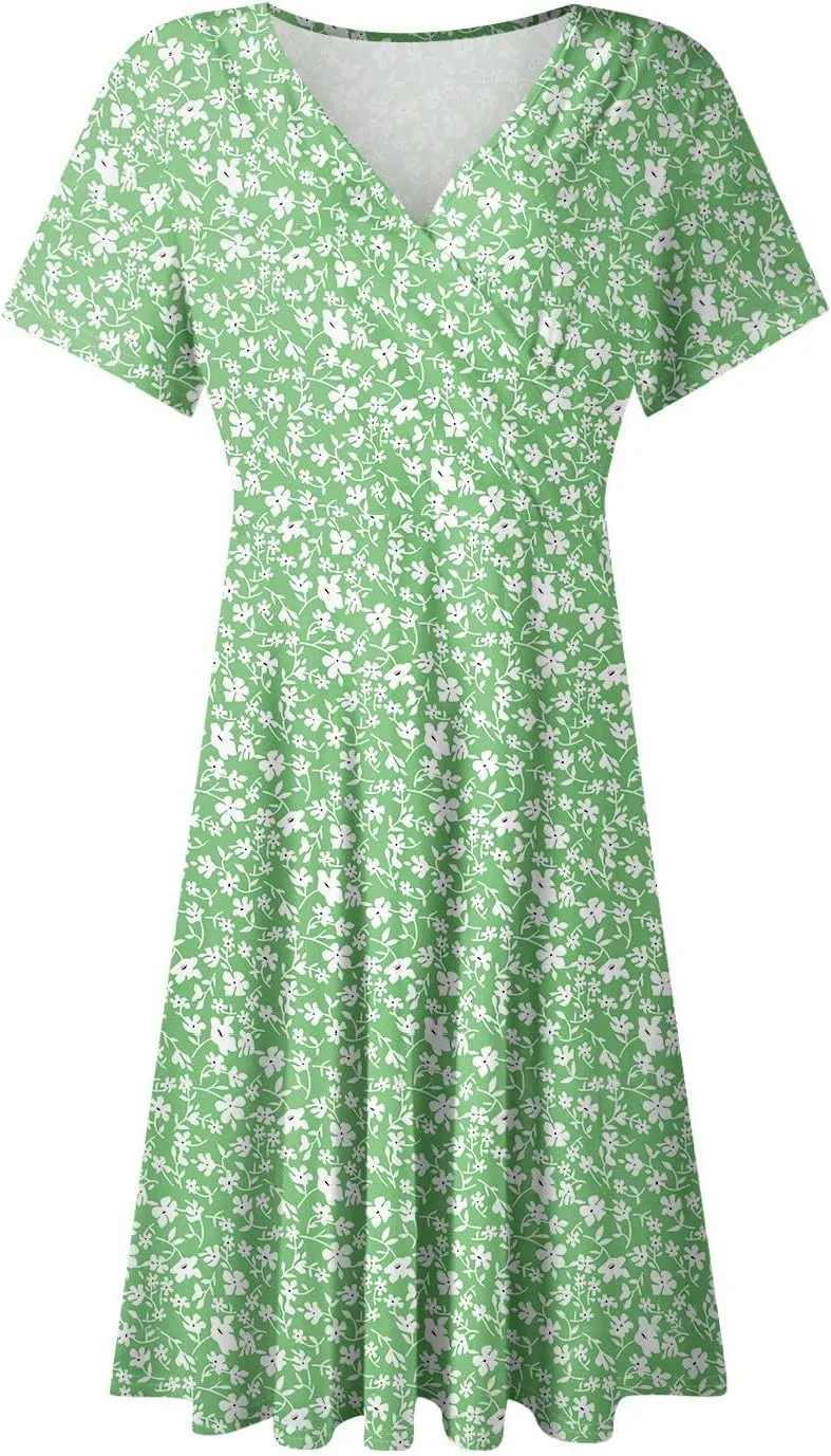 Wrap Dress for Women 2025 Summer Sundress Fashion Short Sleeve Wrap Floral Classy Deep V Neck A-Line Midi Dress
