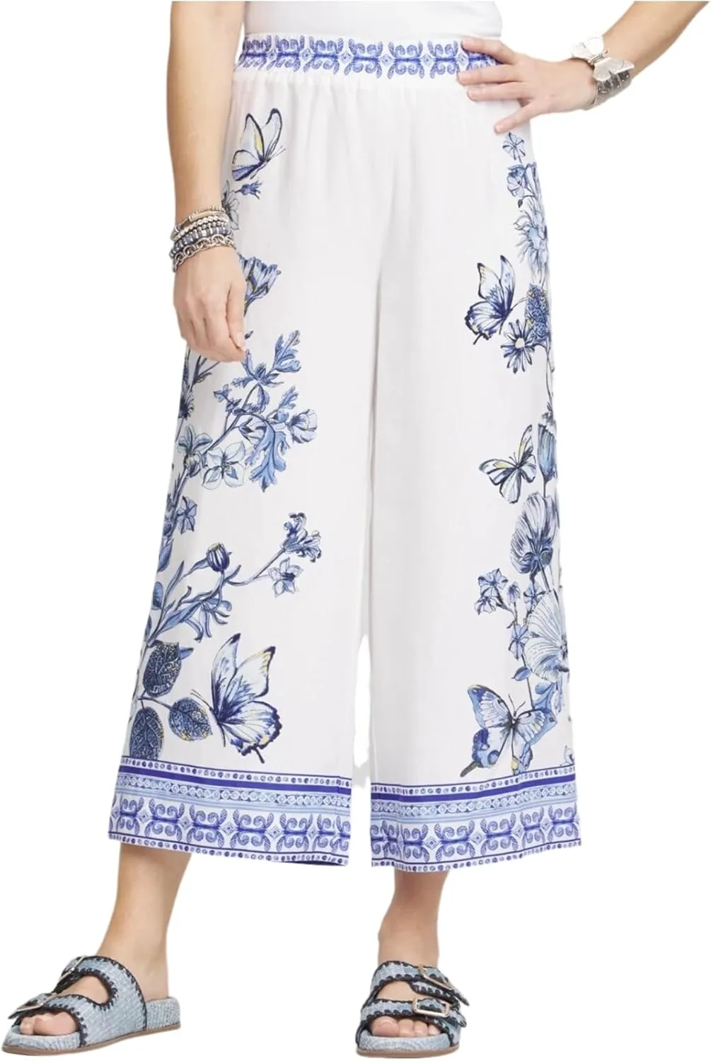 ZAFUL Womens Butterfly Linen Palazzo Pants Elastic Waist Wide Leg Trousers Casual Outfits