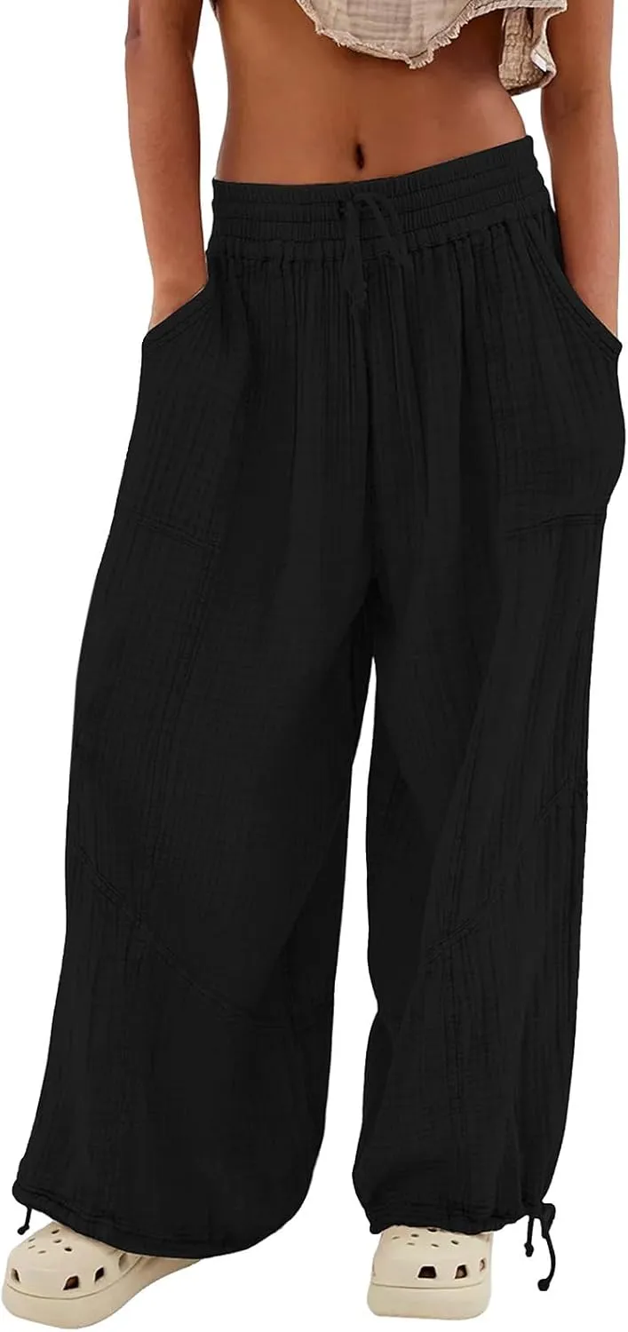 ZOCANIA Boho Pants for Womens Cotton Linen Ruffle Wide Leg Palazzo Pants Casual Lounge Trousers Summer Beach Baggy Joggers