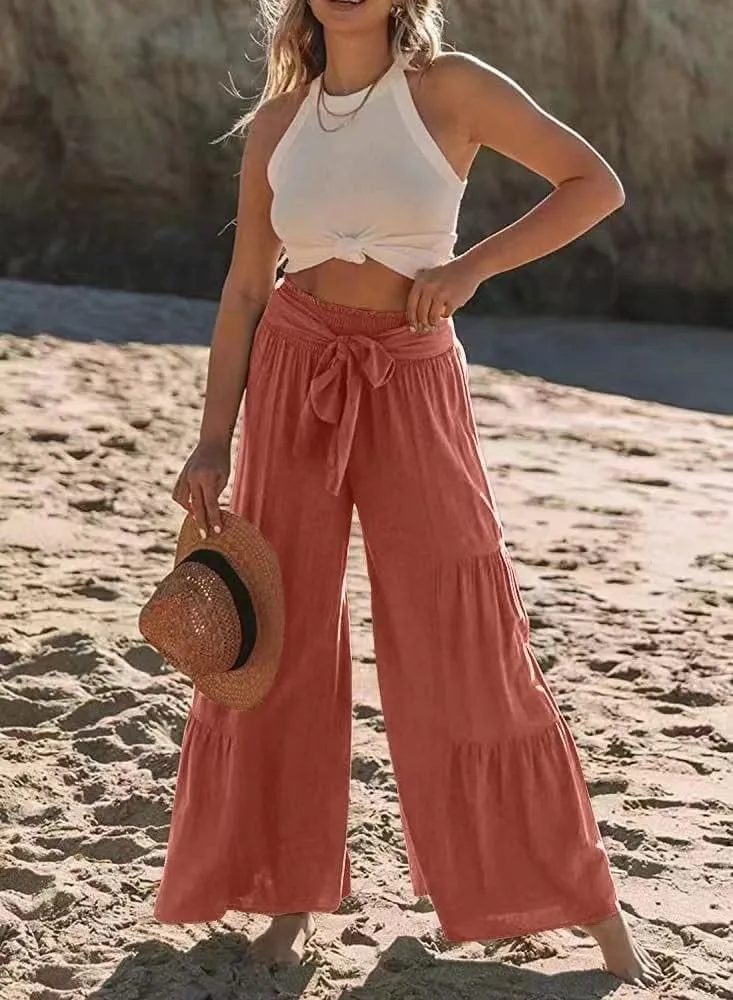 ZOCANIA Boho Pants for Womens Cotton Linen Ruffle Wide Leg Palazzo Pants Casual Lounge Trousers Summer Beach Baggy Joggers