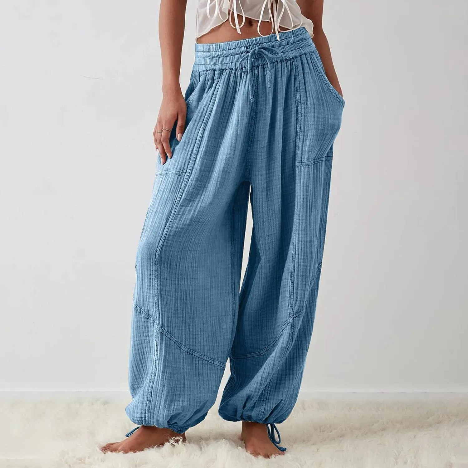 ZOCANIA Boho Pants for Womens Cotton Linen Ruffle Wide Leg Palazzo Pants Casual Lounge Trousers Summer Beach Baggy Joggers
