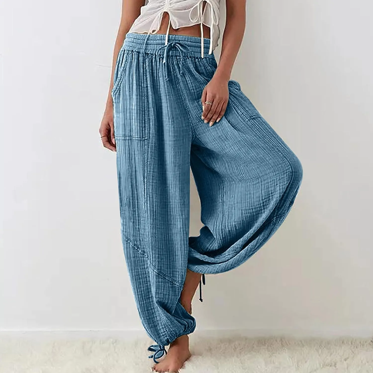 ZOCANIA Boho Pants for Womens Cotton Linen Ruffle Wide Leg Palazzo Pants Casual Lounge Trousers Summer Beach Baggy Joggers