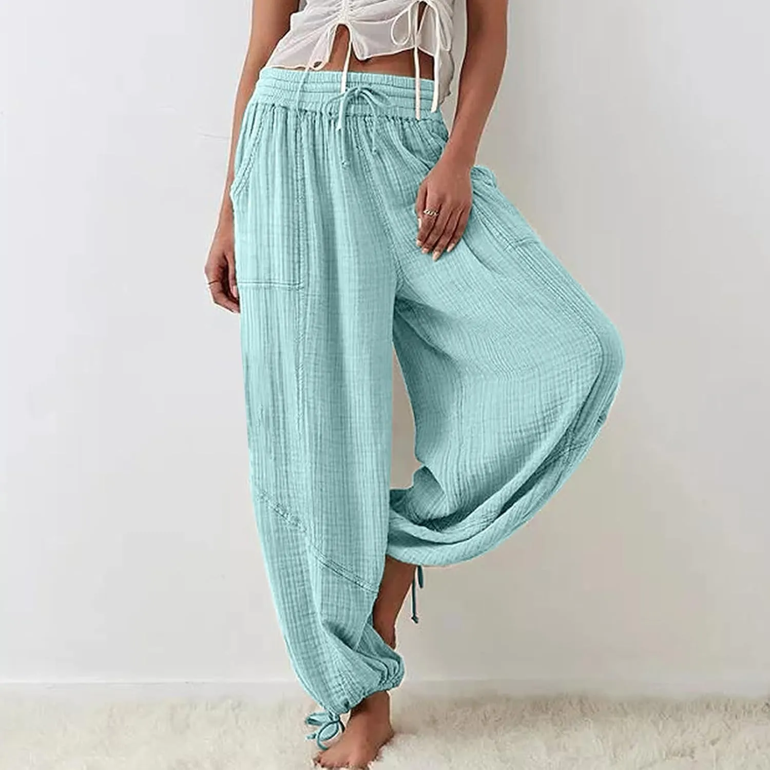 ZOCANIA Boho Pants for Womens Cotton Linen Ruffle Wide Leg Palazzo Pants Casual Lounge Trousers Summer Beach Baggy Joggers