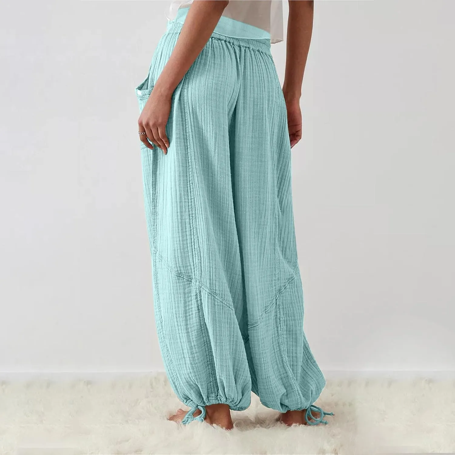 ZOCANIA Boho Pants for Womens Cotton Linen Ruffle Wide Leg Palazzo Pants Casual Lounge Trousers Summer Beach Baggy Joggers