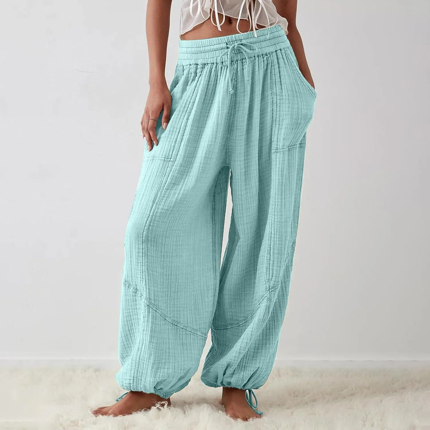 ZOCANIA Boho Pants for Womens Cotton Linen Ruffle Wide Leg Palazzo Pants Casual Lounge Trousers Summer Beach Baggy Joggers