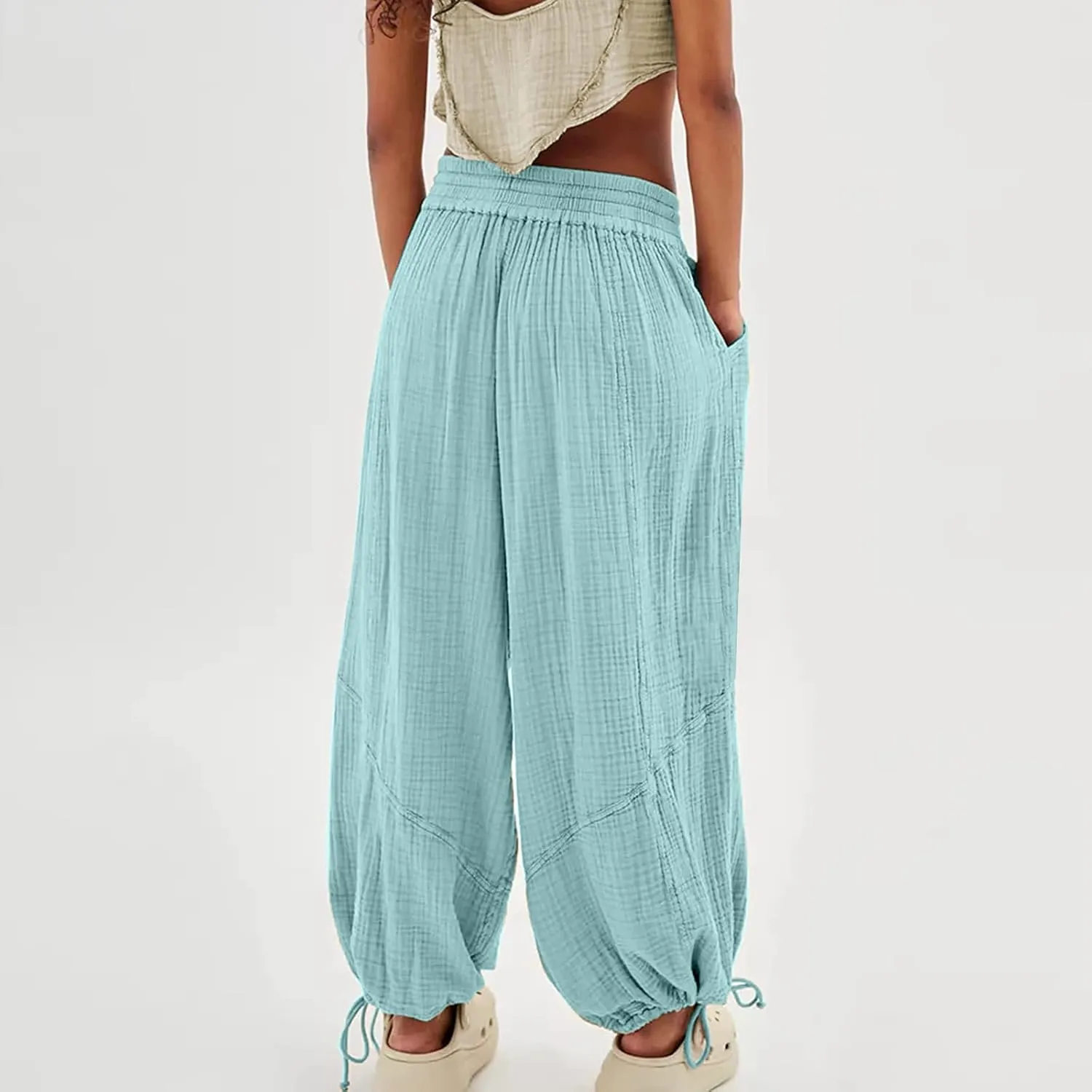 ZOCANIA Boho Pants for Womens Cotton Linen Ruffle Wide Leg Palazzo Pants Casual Lounge Trousers Summer Beach Baggy Joggers
