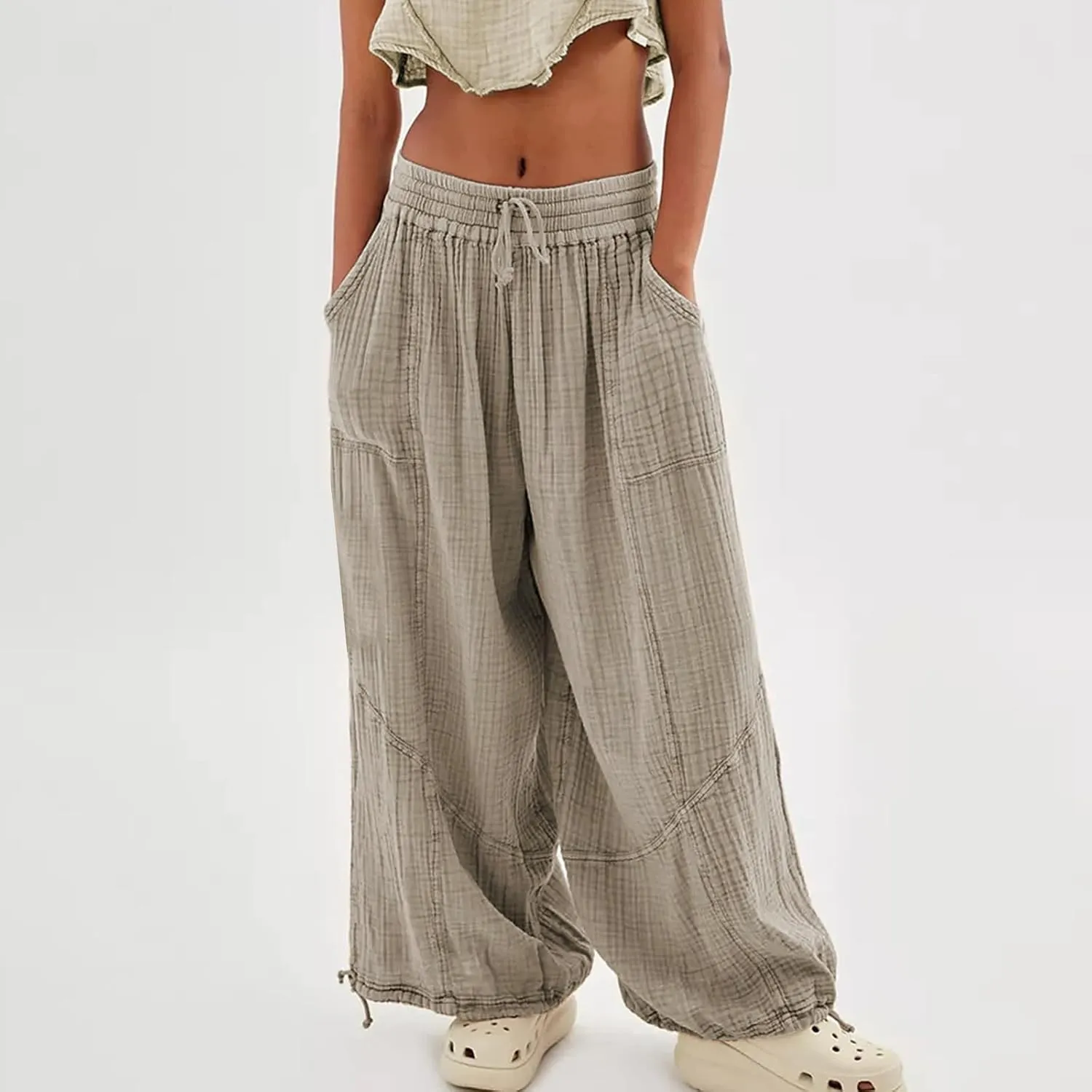 ZOCANIA Boho Pants for Womens Cotton Linen Ruffle Wide Leg Palazzo Pants Casual Lounge Trousers Summer Beach Baggy Joggers
