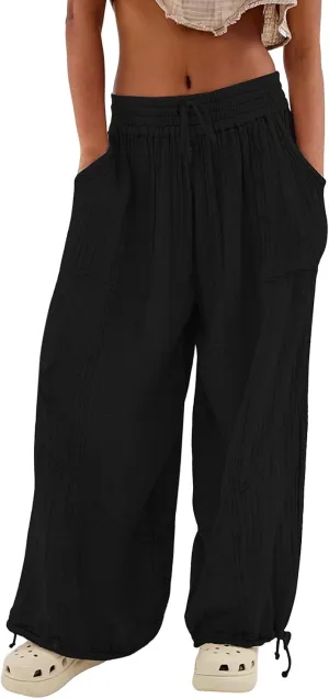 ZOCANIA Boho Pants for Womens Cotton Linen Ruffle Wide Leg Palazzo Pants Casual Lounge Trousers Summer Beach Baggy Joggers