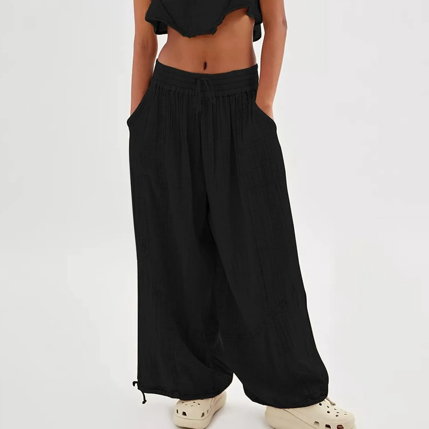 ZOCANIA Boho Pants for Womens Cotton Linen Ruffle Wide Leg Palazzo Pants Casual Lounge Trousers Summer Beach Baggy Joggers