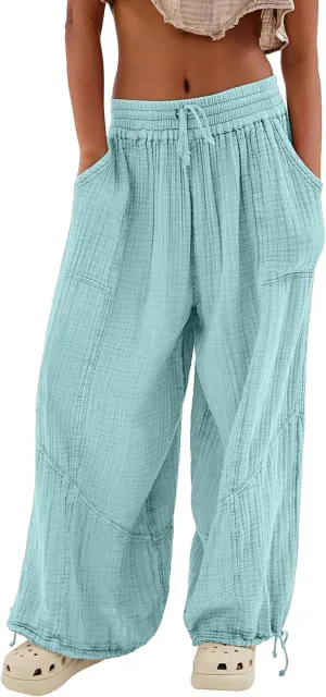 ZOCANIA Boho Pants for Womens Cotton Linen Ruffle Wide Leg Palazzo Pants Casual Lounge Trousers Summer Beach Baggy Joggers