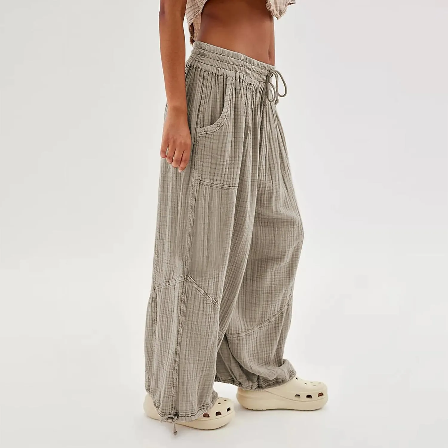 ZOCANIA Boho Pants for Womens Cotton Linen Ruffle Wide Leg Palazzo Pants Casual Lounge Trousers Summer Beach Baggy Joggers